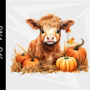 May include: A watercolour illustration of a Highland calf with orange pumpkins and autumn leaves. The calf has brown fur and is surrounded by hay. A charming autumn-themed image.