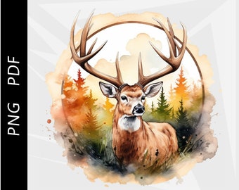 May include: Watercolor illustration of a deer with large antlers, set within a circular frame. The artwork features a brown deer against a backdrop of an autumn forest with orange and green trees. The style is soft and artistic.