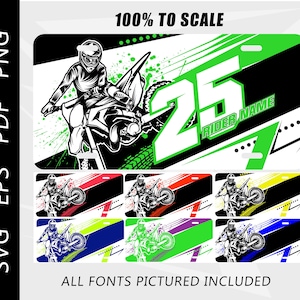 Puede incluir: Diseño de placa de matrícula con temática de motocross, con un piloto en una moto, el número 25 y espacio para el nombre del piloto. El diseño incluye elementos verdes, negros y blancos, con variaciones de color debajo. Texto: "100% TO SCALE" y "ALL FONTS PICTURED INCLUDED".