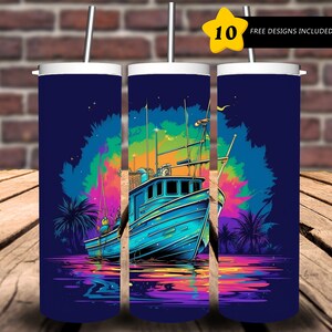 Yacht in water, bright colors, 20 oz Skinny Tumbler Sublimation Design Digital Download PNG Instant DIGITAL ONLY.