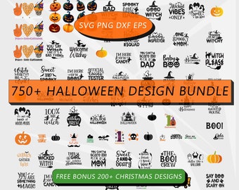 May include: A collection of Halloween-themed designs, including pumpkins, witches, and spooky phrases. The image features text that reads "750+ Halloween Design Bundle" and "Free Bonus 200+ Christmas Designs."