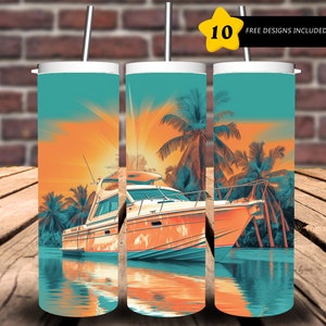 Yacht in water, bright colors, 20 oz Skinny Tumbler Sublimation Design Digital Download PNG Instant DIGITAL ONLY.