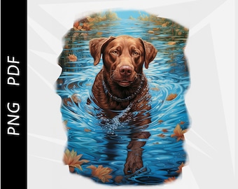 チョコレートラブラドールのアヒル狩りアート、レトリーバー犬の水泳（デジタルダウンロード）