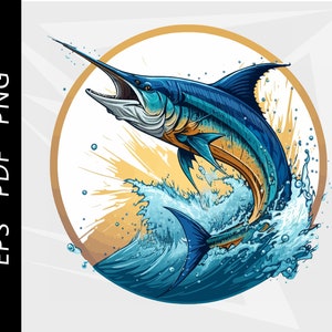 May include: A vibrant illustration of a marlin leaping from the ocean. The fish is depicted in shades of blue and gold, with a long, pointed bill and a prominent dorsal fin. Water splashes around the fish, set against a golden circle.