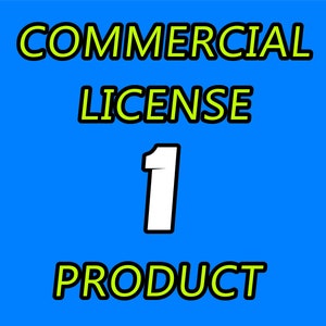 May include: A blue background with the words "COMMERCIAL LICENSE" in yellow outlined in black. Below the words is a large white number "1" and the word "PRODUCT" in yellow outlined in black.