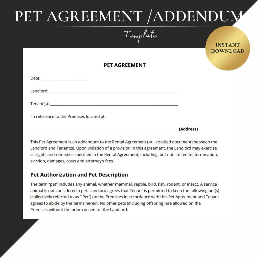 PET AGREEMENT ADDENDUM to Lease Pet Agreement Template landlord to Tenant Etsy