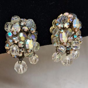 Vintage Eugene Signed AB Crystal Beaded Cluster Clip On Earrings Need Repair