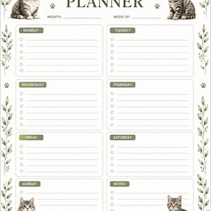 May include: A weekly planner sheet featuring the text WEEKLY PLANNER, MONTH, and WEEK OF. The layout includes eight sections for Monday through Sunday and a notes section, each with checkboxes and lines. Decorated with green leaf borders and cats.