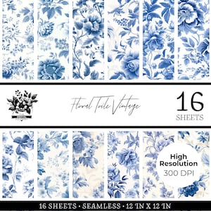 Blue Vintage Floral Repeating Toile Digital Paper Bundle - 16 Seamless Patterns for Commercial Use, Instant Download