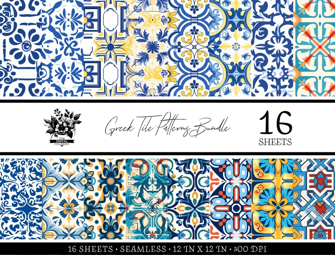 Traditional Greek Tile Patterns - 16 Pattern Digital Paper Bundle ...