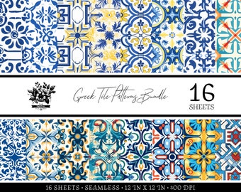 Traditional Greek Tile Patterns - 16 Pattern Digital Paper Bundle, Digital Paper for Commerical Use, Instant Download, JPEG