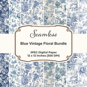 Most Popular - Blue Vintage Floral Digital Paper Bundle - 10 Repeating Toile Seamless Patterns for Commercial Use