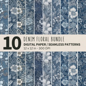 Denim Floral Embroidery Digital Paper: 10 Denim Seamless Patterns