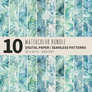 Puede incluir: Un paquete de papel digital de 10 patrones sin costuras con diseños abstractos de acuarela en tonos de azul, verde y blanco. Cada patrón mide 30,5 x 30,5 cm y 300 DPI.