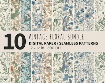 Pacchetto di carta digitale con schizzi botanici vintage, 10 motivi floreali vintage senza soluzione di continuità