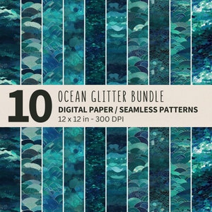 Oceanic Glitter Digital Paper: 10 Blue and Green Seamless Patterns