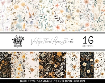 Paquete de papel digital floral Vintage Country Garden - 16 patrones sin costuras para uso comercial, descarga instantánea