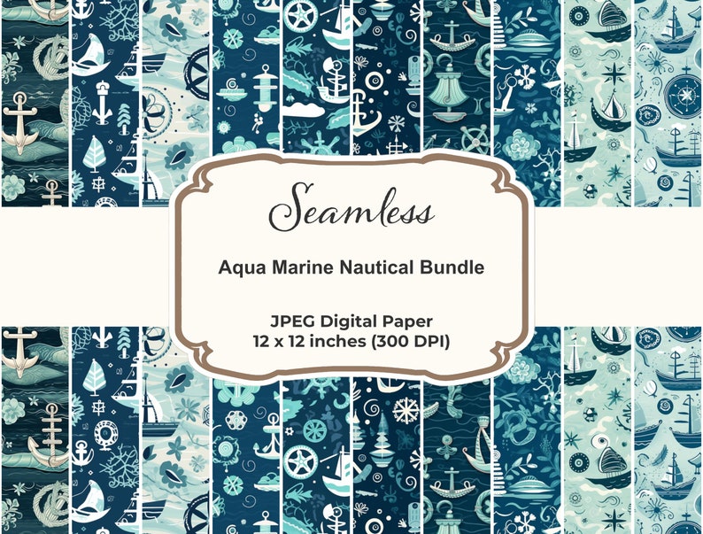 Aqua Marine Nautical Treasures 10 Seamless Pattern Bundle Digital Paper Bundle, Seamless Patterns for Commercial Use, Instant Download image 1