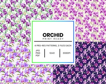 Orchid Pattern Bundle - 12x12 Digital Designs for Crafts & Wallpapers, High-Resolution Print-Ready, Set of 4 Patterns, 12 Files Total