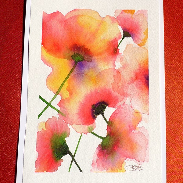 Peinture aquarelle originale, fleurs de coquelicots