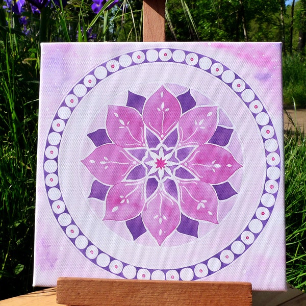 Peinture aquarelle imprimée sur toile, mandala aux fleurs roses, tableau zen, couleurs douces et apaisantes