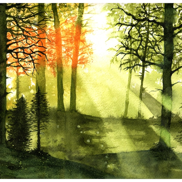 Peinture aquarelle originale, paysage lumière en forêt