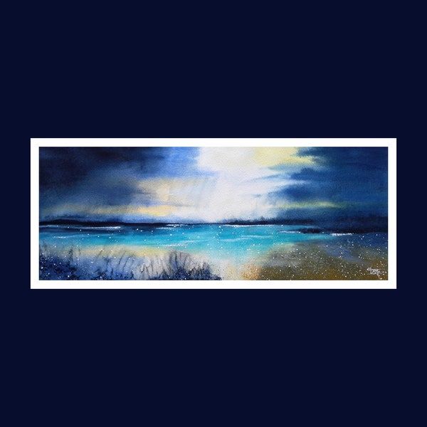 Peinture aquarelle originale, paysage de mer semi-abstrait, peinture marine, lumière en bord de mer, océan et plage, eau turquoise lagon
