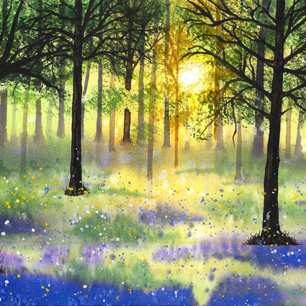 Peinture aquarelle originale, paysage forêt aux fleurs violettes