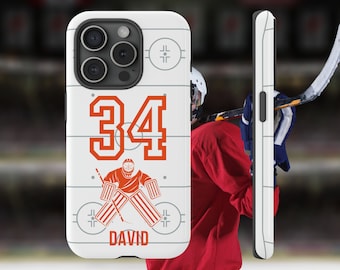 Personalized Hockey iPhone Case, Custom Goalie iPhone 15 14 13 12 11 Pro Max, Ice Hockey Name Number Player Gift, Boy Hockey Gift- Orange