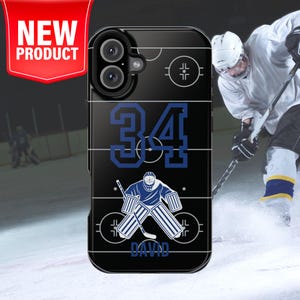May include: Black phone case featuring a hockey rink design with the number 34 in blue. A hockey goalie graphic is below the number. The name "DAVID" is printed at the bottom. A red banner with "NEW PRODUCT" is in the upper left corner.