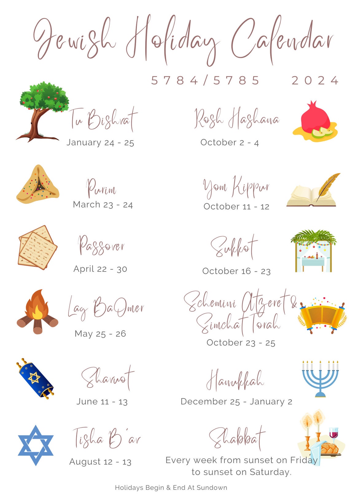 Jewish Holiday Calendars For Both 2023 And 2024 Hebrew Etsy
