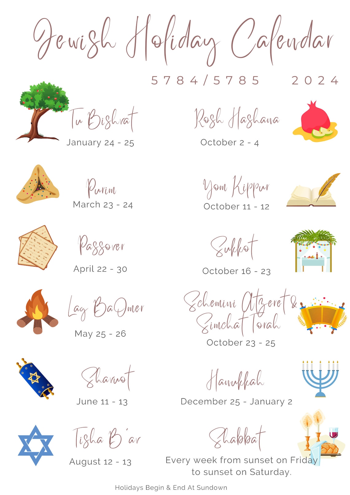 Jewish Holiday Calendars For Both 2023 And 2024 Hebrew Etsy