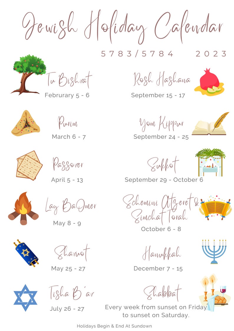 Jewish Holiday Calendars for Both 2023 and 2024 (Download Now) Etsy
