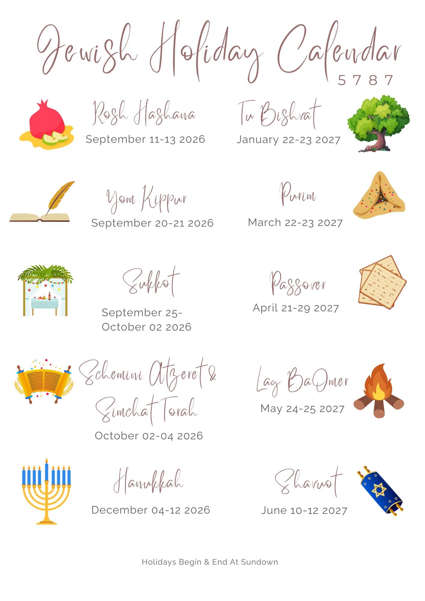 Jewish Holiday Calendar! 2026-2027 | Hebrew Calendar 5787 | Digital Download | Jewish Calendar Year/months | Jewish Art |jewish New Year - Etsy Canada