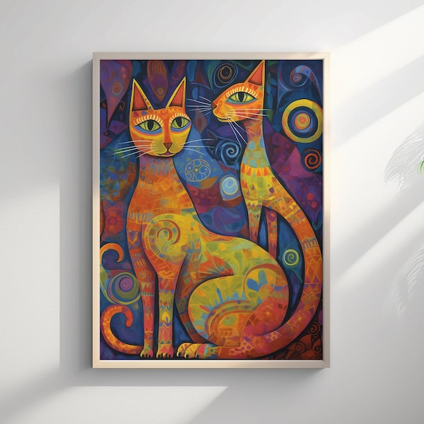 Print Kunstdruck Katzen Paar Poster A2 A3 A4 A5 Wunschgröße Wandkunst Farbig Abstrakt Zeichnung Katze Illustration Tiere Skizze Grafik Deko