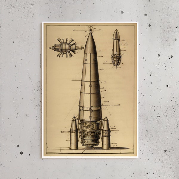 Print Art Print Rocket Poster A2 A3 A4 A5 Wall Art Patent Space vintage Dessin Steampunk Illustration Rétro Croquis Décoration graphique