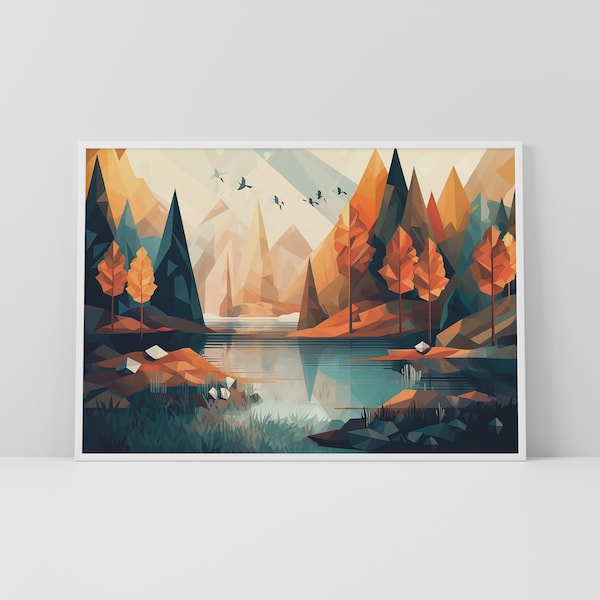 Impression d’art panoramique polygone affiche A2 A3 A4 A5 taille souhaitée art mural lac décoration lac de montagne arbres de montagne paysage géométrique abstrait à travers