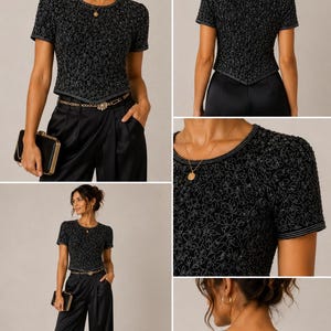VTG Adrianna Papell 100% Silk Hand Beaded Evening Top L Black 90s Glam Y2K image 1