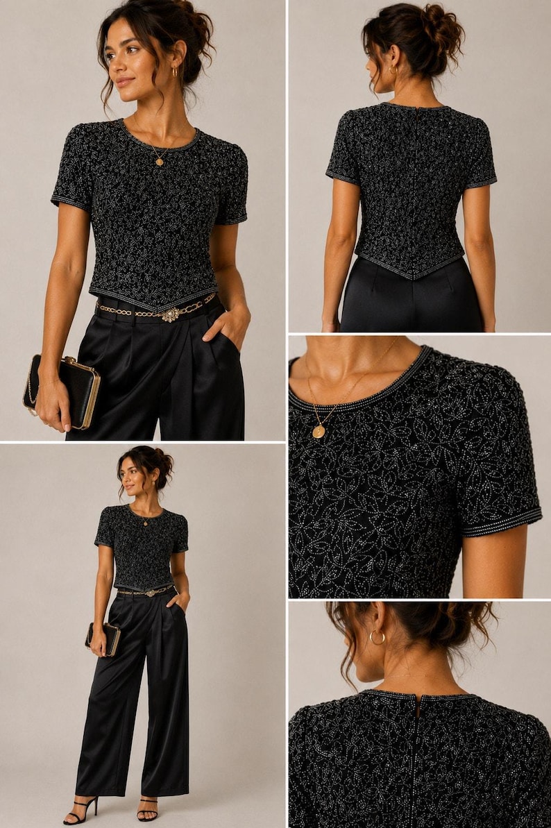 VTG Adrianna Papell 100% Silk Hand Beaded Evening Top L Black 90s Glam Y2K image 1