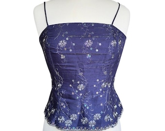 Vintage ASPEED Corset Top Navy Embroidered Sequin Fairy Goth Y2K Bustier Whimsy