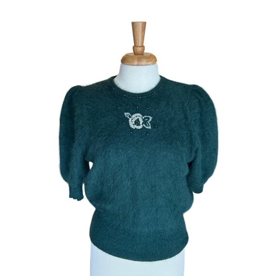 VTG VENESHA Angora Beaded Sweater M Puff Sleeve Fuzzy Cottagecore Hunter Green
