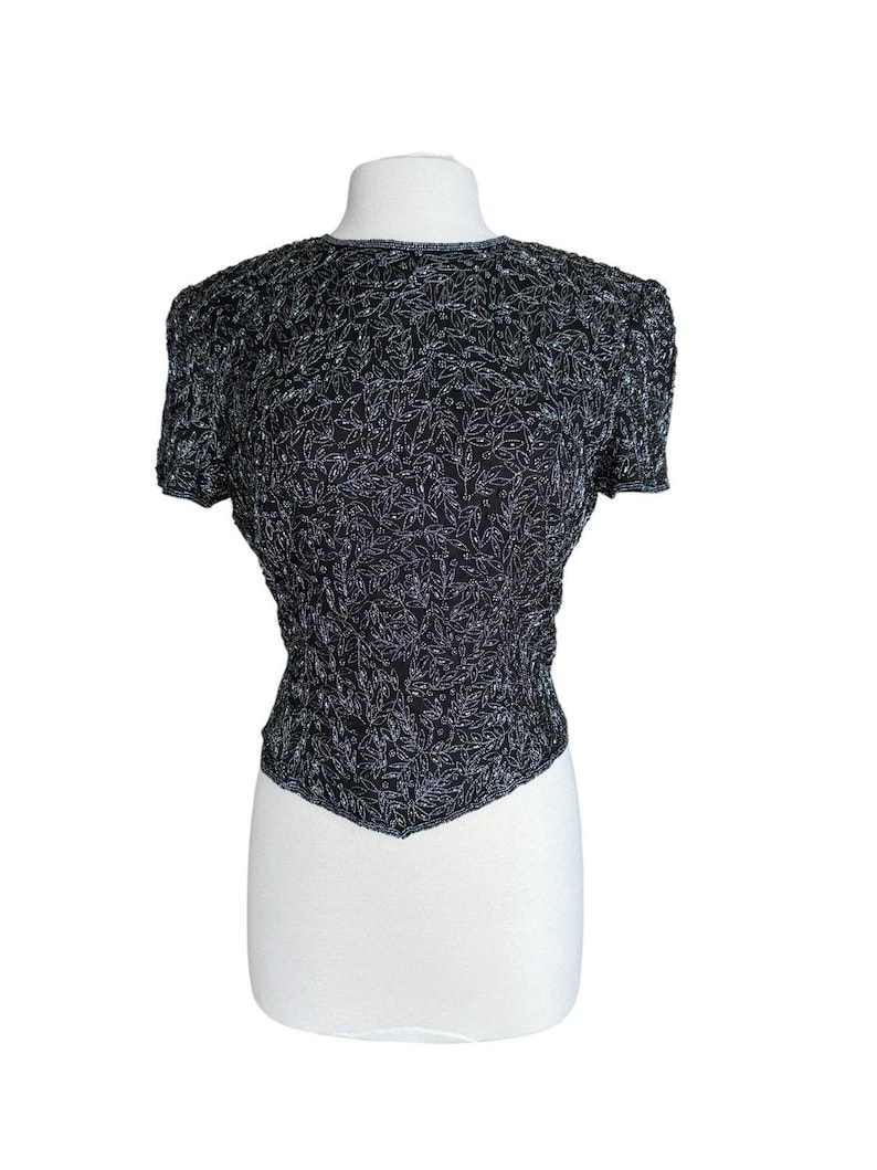 VTG Adrianna Papell 100% Silk Hand Beaded Evening Top L Black 90s Glam Y2K image 2