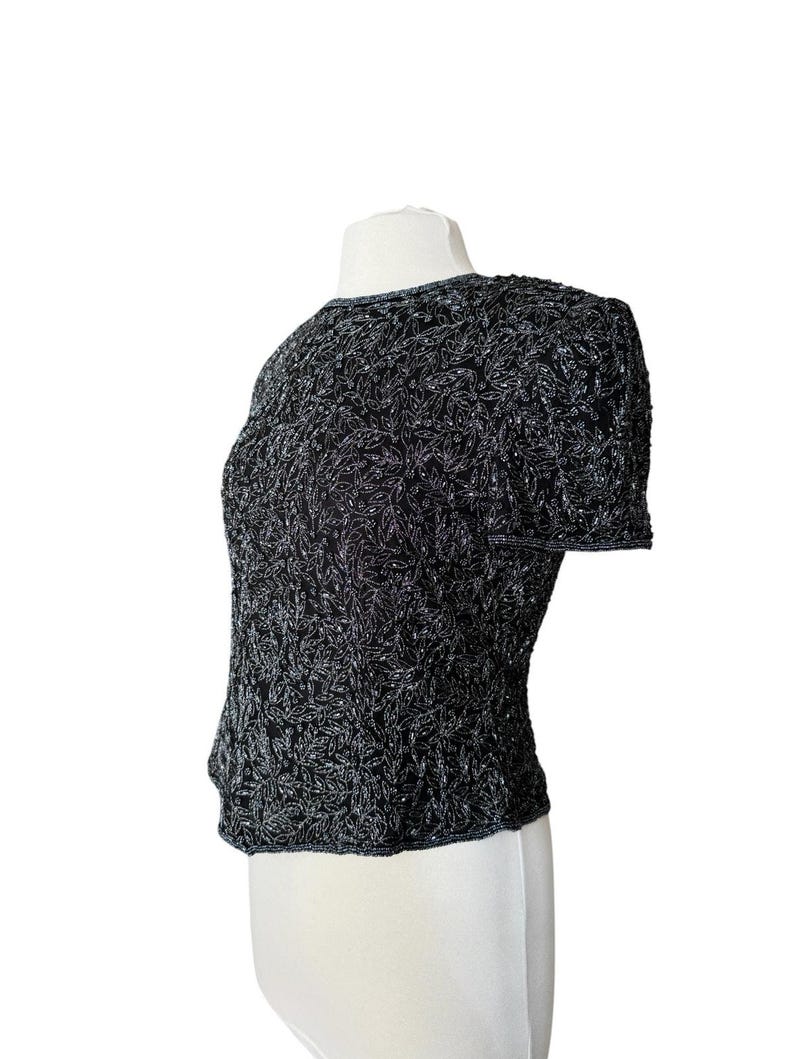 VTG Adrianna Papell 100% Silk Hand Beaded Evening Top L Black 90s Glam Y2K image 3