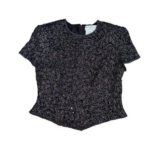 VTG Adrianna Papell 100% Silk Hand Beaded Evening Top L Black 90s Glam Y2K image 5