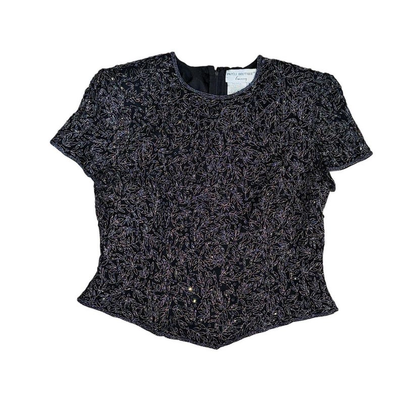 VTG Adrianna Papell 100% Silk Hand Beaded Evening Top L Black 90s Glam Y2K image 5