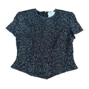 VTG Adrianna Papell 100% Silk Hand Beaded Evening Top L Black 90s Glam Y2K image 6