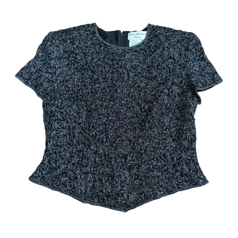 VTG Adrianna Papell 100% Silk Hand Beaded Evening Top L Black 90s Glam Y2K image 6