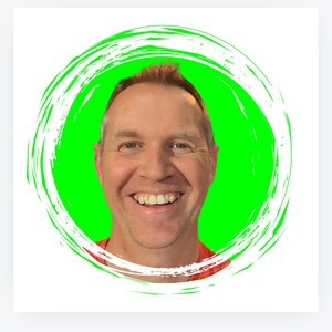 May include: A man's face is shown in a green circle with a white brushstroke border. The background is white.