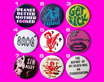Alternative Vintage Punk Buttons – Satan Guy, Lips, Sin Alley – 25 mm Retro Buttons