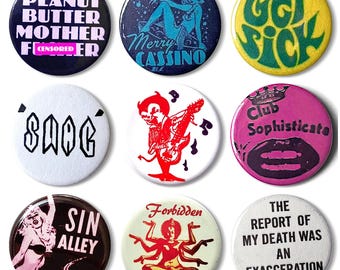 Alternative Vintage Punk Badges – Satan Guy, Lips, Sin Alley – 25mm Retro Button Pins